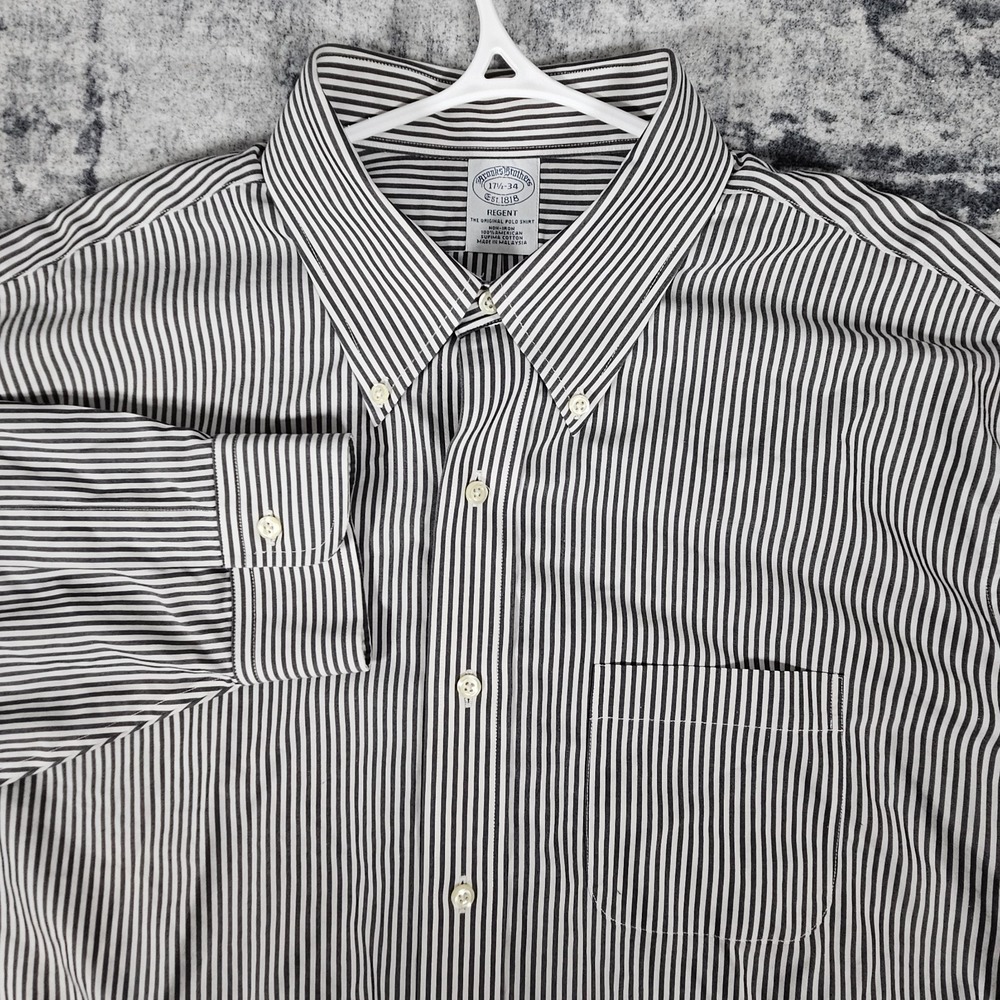 Brooks Brothers Dress Shirt Men 17.5-34 Black White Striped Non Iron Button Down